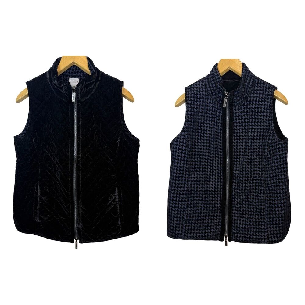 Chico's Black Vest Reversible Zip Size 8-10 Petite Herringbone Office Preppy
